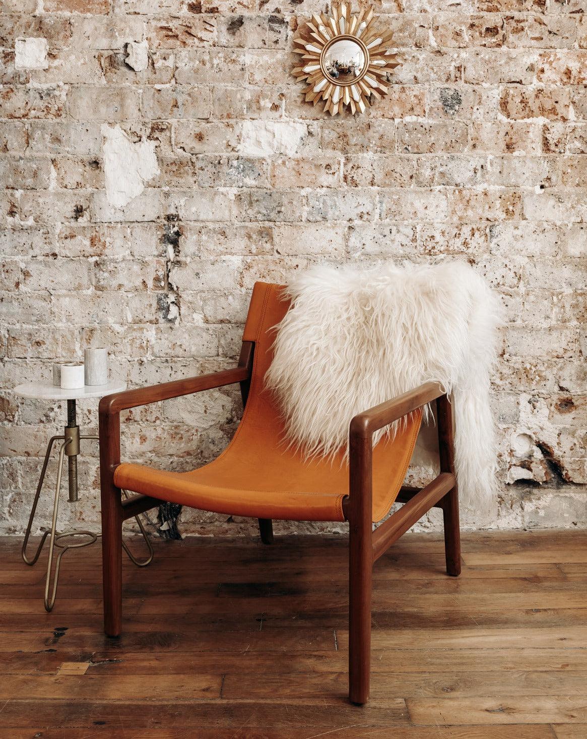 Achille Scandinavian armchair in wood and camel leather Debongout